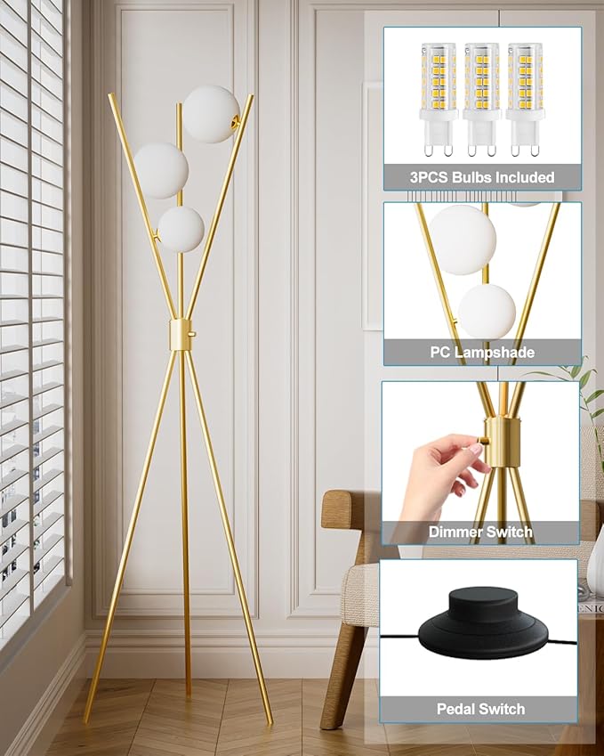Lightdot Globe Modern Floor Lamp Stepless Dimmable Gold Tripod Standing Lamps with 3PCS 3000K G9 Bulbs Stable Based Mid Century Modern Floor Lamp for Living Room/Bedroom
