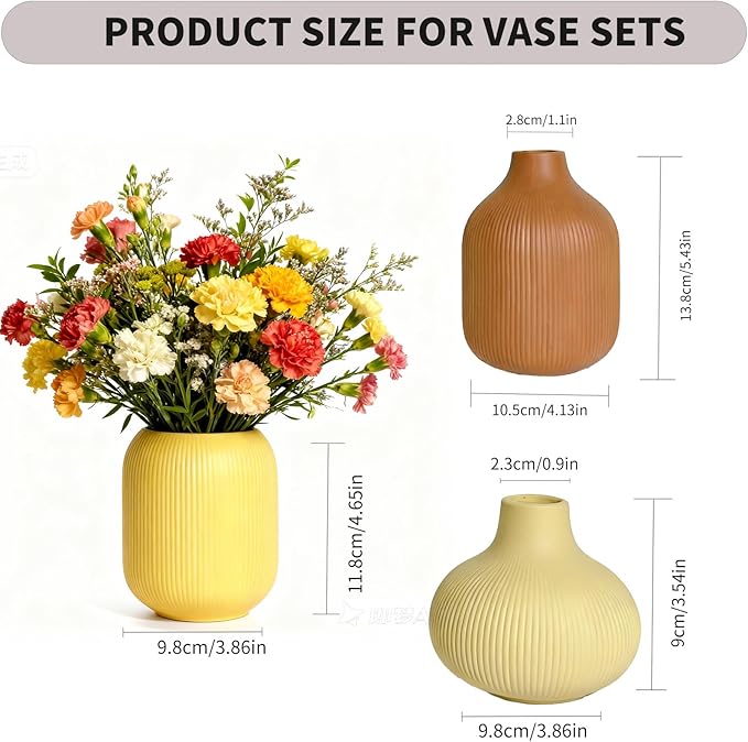 Ceramic Boho Vase Set of 3, Modern Colorful Ceramic Vases with Ribbed Texture, Minimalist Home Decor for Table Centerpiece, Kitchen, Living Room, Table Shelf, Office Decor