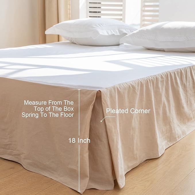 BISELINA French Linen Bed Skirt with Pleated Corner 18-Inch Tailored Drop Natural Flax Cotton Blend Basic Dust Ruffle Soft Cozy Farmhouse Bedding (18" Queen, Basic Linen)