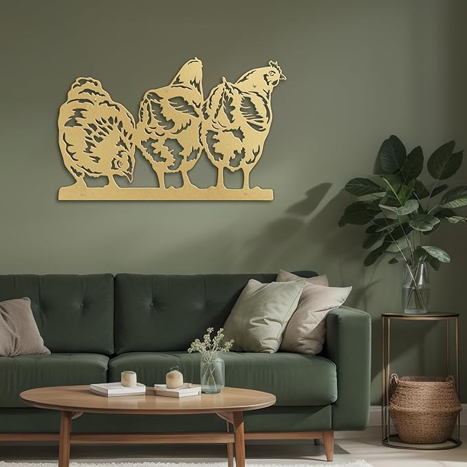 SIGNLEADER Metal Wall Art Decor Farmhouse Trio of Chickens Minimalist Modern Abstract Wall Sculpture Hangings Home Decoration for Living Room, Bedroom, Bathroom, Kitchen, Outdoor - 18" Gold