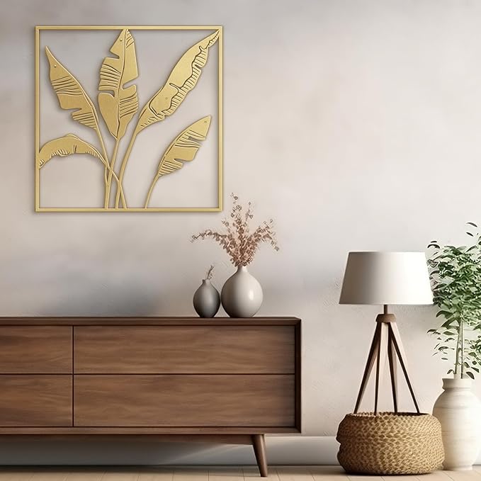 SIGNLEADER Metal Wall Art Decor Banana Leaves Minimalist Modern Abstract Wall Sculpture Hangings Home Decoration for Living Room, Bedroom, Bathroom, Kitchen, Outdoor - 18" Gold