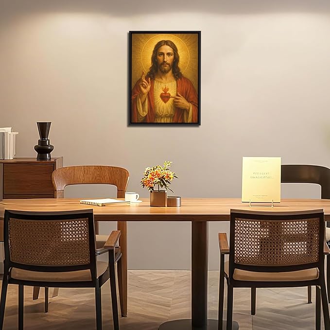 Framed Sacred Heart of Jesus Canvas Wall Art Divine Mercy Wall Decor Jesus Portrait Painting Christian Religious Artwork Catholic Poster Prints for Bedroom Living Room Prayer Room Church 16x24in