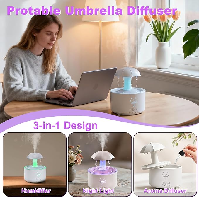 2-in-1 Raindrop Humidifier Oil Diffuser, Essential Oil Diffuser with 360° Rotating Raindrop & 7 LED Mood Lights, Rain Sounds for Sleeping, Quiet Cool Mist Humidifier for up to 24 Hrs,Ideal for Home