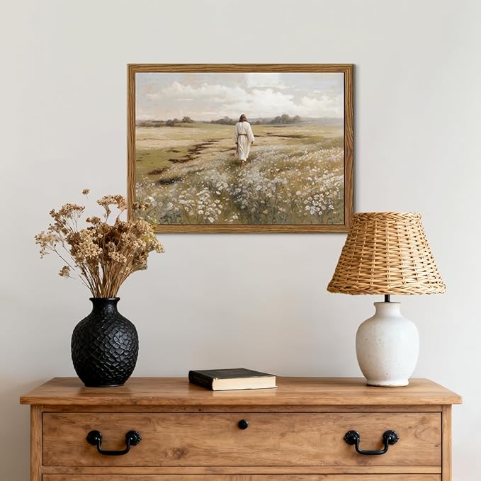 Jesus Canvas Wall Art, Jesus Walking in Field Painting, Rustic Christian Wall Decor Pictures for Living Room Bedroom Home Office Church Decoration 12x16 Inch Wood Framed