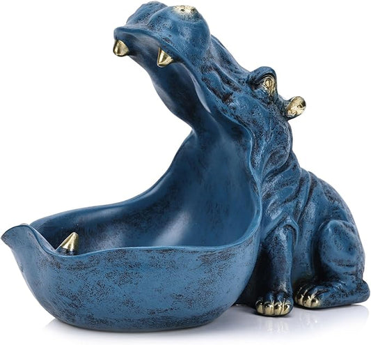 Hippo Figurine Candy Dish & Key Bowl - Unique Resin Hippopotamus Statue for Office Desk & Entry Table Decor - Multifunctional Sundries Container, Jewelry Stand, and Wallet Holder - Cute Hippo Gifts