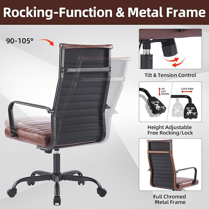 Haranuo Office Chair, Ergonomic Executive Conference Room Chairs, Ribbed Leather Desk Chair with Lumbar Support, Adjustable Height Mid-Back Swivel Chair with Padded Seat