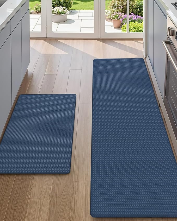 Color&Geometry Anti Fatigue Cushion Padded Kitchen Mat for Floor - 17x29+17x59,Easy Clean, Waterproof & Oil Proof, Anti Slip, Foam Rubber Runner Rug for Front Sink Comfort Standing, Blue Set of 2