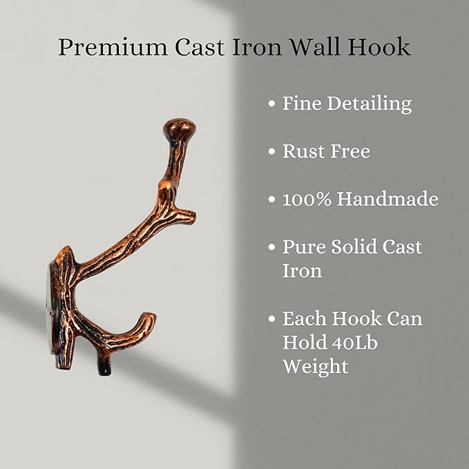 Set of 3 Cast Iron Tree Branch Shape Coat Hooks Wall Art Decor-Branch Shape Hangers and Key Holder-Clothes Rack and Backpack Hanger-Coat Hooks Home Decor for Storage,Living (Copper Antique)