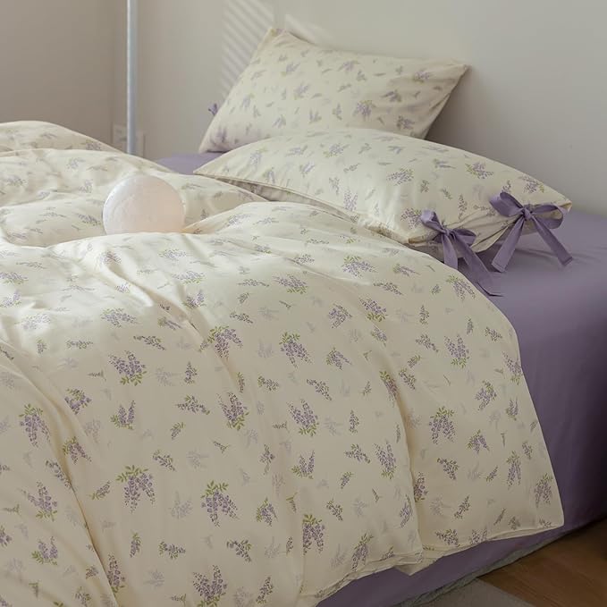 Purple Floral Duvet Cover Queen 3 Piece Cotton Flower Botanical Duvet Cover Vintage Style Lilac Floral Comforter Cover Girls Cottagecore Bedding Sets 1 Queen Duvet Cover with 2 Bow Ties Pillowcases