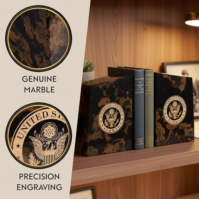 Bey-Berk U.S. Army Seal Tiger Eye Marble Bookends (Set of 2), 4.5" x 2" x 6" Heavy-Duty Military Book Ends, Officially Licensed Desk and Shelf Decor