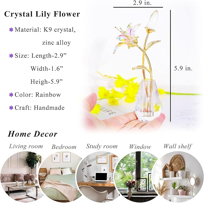 Movdyka Clear Crystal Lily Flower Figurine with Stems - Handmade Collectible Statue for Decoration Mothers Day Centerpiece Valentines Day Bridal Shower Gift