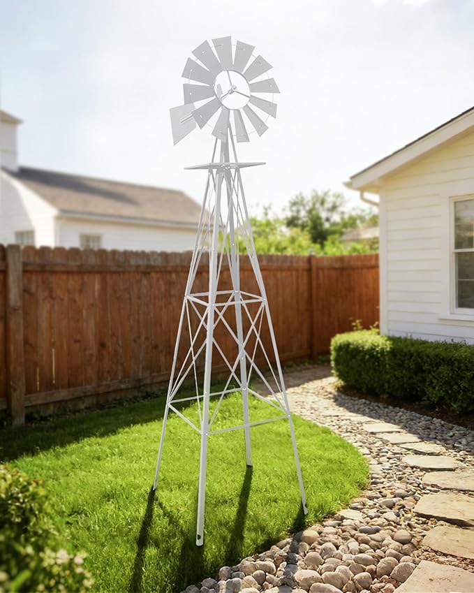 8FT Windmill for Yard Garden Decoration with Weather Vanes，Heavy Duty Outdoor Wind Mills, Large Metal Outdoor Windmill,Weather Resistant,Blue