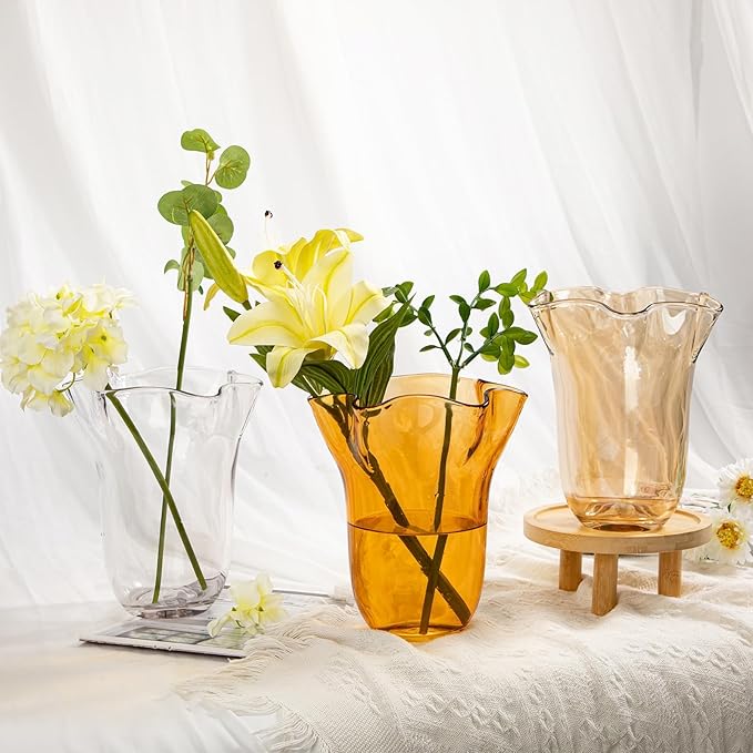8 inch Amber Glass Vases Clear Flower Vases for Centerpiece, Large Crystal Vases for Flowers Wide Mouth Vase for Home Office Living Room Shelf Wedding Decor (Amber)