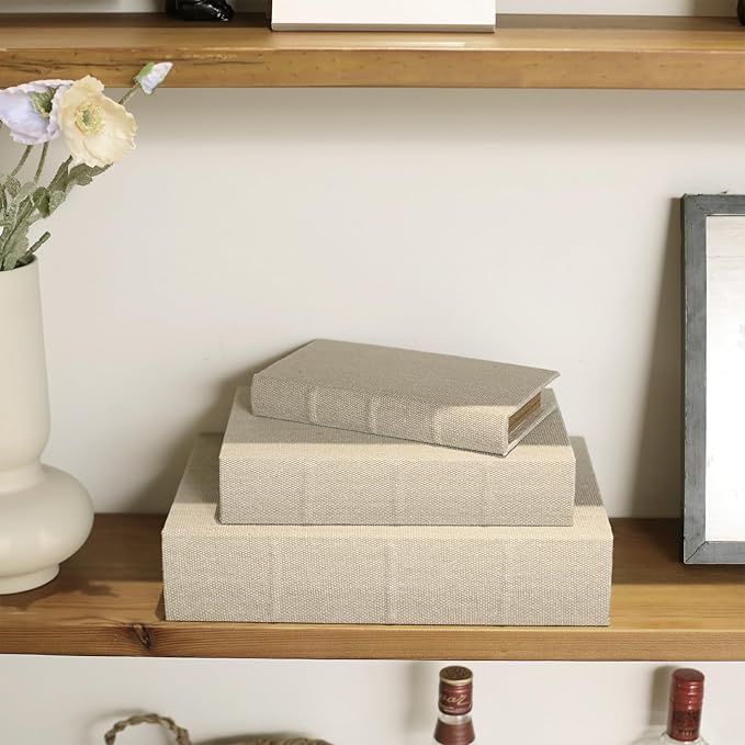 Decorative Book Boxes Set of 3 – Modern Faux Linen & Wood Hidden Storage for Coffee Table – Stackable Fake Books for Shelf Decor, Remote Control & Jewelry Organizer (Linen)