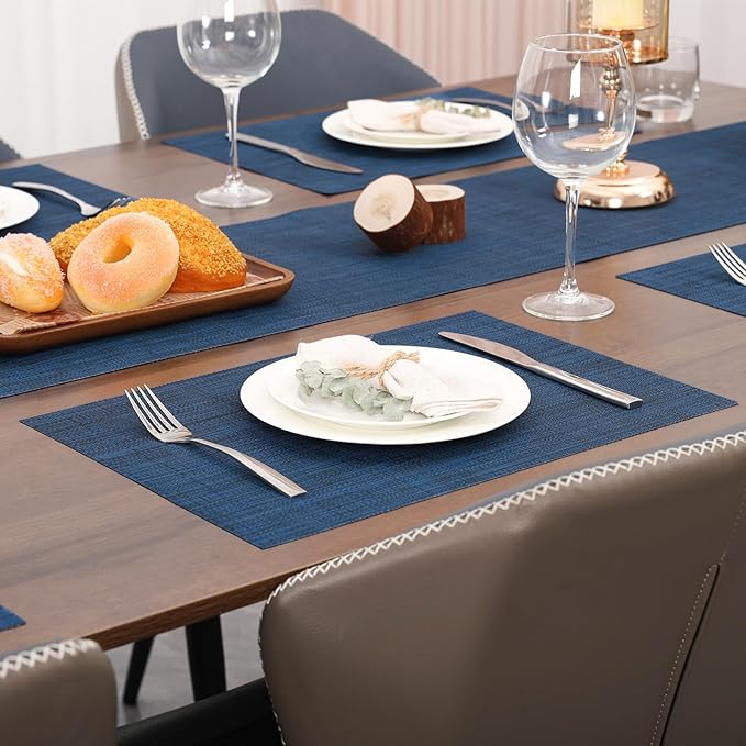 Myir JUN Placemats Set of 8, Vinyl Woven Placemats Place Mats Indoor Set of 8 Washable Table Mats Non-Slip Place mats for Dining Table (Dark Blue, Set of 8)