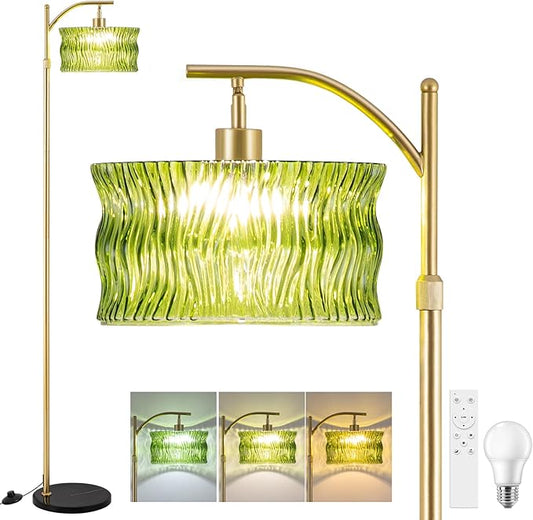 JERANDO Glass Floor Lamp for Living Room, Modern Gold Standing Lamp with Remote Control & 3 Color Temperature, Green Floor Lamps with Glass Lampshade Dimmable Tall Floor Lamp for Bedroom Corner