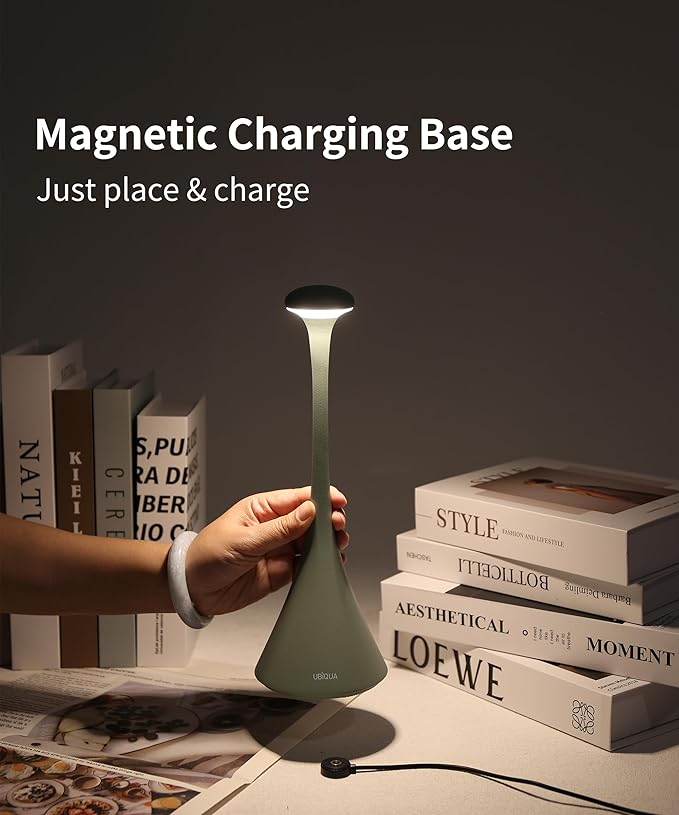 Retro Cordless Table Lamp - Pinup, Beside Touch Lamp with Magnetic Charging, Dimmable & Adjustable Lighting - Rechargeable LED Lamp for HoReCa, Bedroom, Living Room, Outdoor Use (Green)