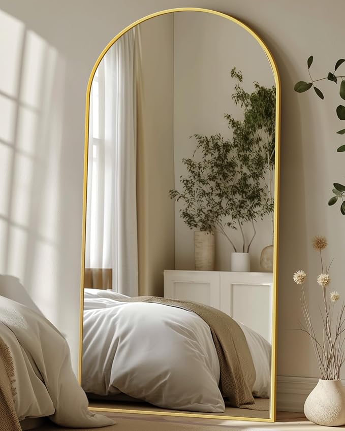Antok Full Length Mirror, 71"x26" Floor Mirror with Stand, Hanging Mounted Mirrors for Bedroom, Living Room, Cloakroom, Dining Room, Gold, Arched