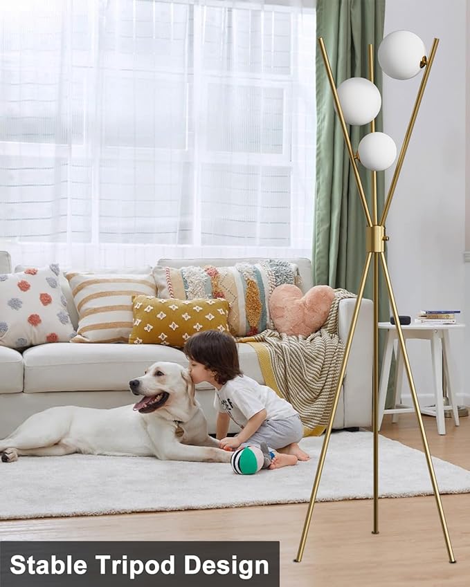 ACOHOOK 3 Globe Dimmable Tripod Floor Lamp, Mid Century Standing Lamps with 3Pcs 3000K Bulbs Included, Modern Tall Lamp for Living Room Bedroom Office-Gold