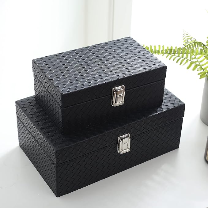 Faux Leather Decorative Jewelry Storage Organizer Boxes Set of 2, Black