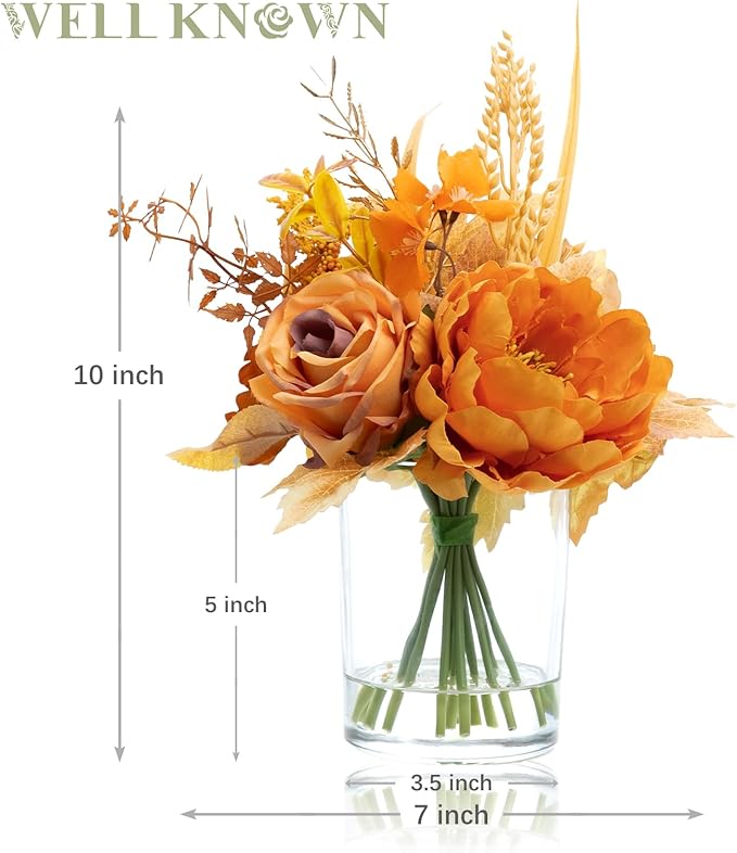 WELL KNOWN Artificial Flowers in Glass Vase, Orange Wrist Gold Silk Rose Peony Flower Bouquet with Fake Water for Fall Winter Home Dinning Table Wedding Christmas Party Lavatory Kitchen Decor & Gift
