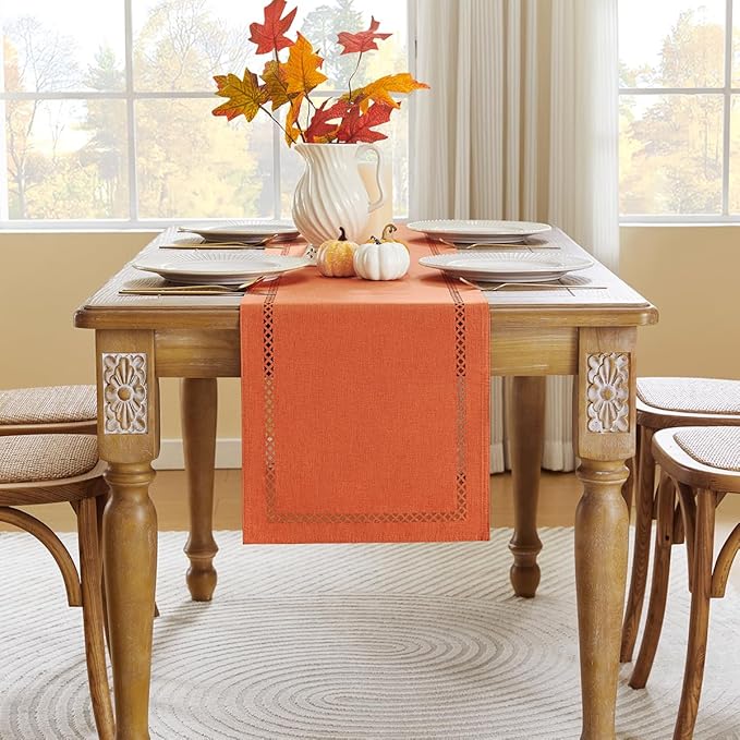 Fall Table Runner Decorations, Burlap Style Farmhouse 13 x 60 Inch Orange Table Runner, Rustic Geometric Hollow Table Runners 60 Inches Long for Autumn Thanksgiving Decorations, 13x60 Inches, Orange