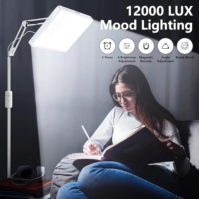 SUXIO Light Therapy Lamp - 12000 LUX Therapy Lights, Happy Lamp with Remote, Light Box Therapy with 3 Timer & 4 Brightness, LED UV-Free Daylight Lamp Perfect for Home