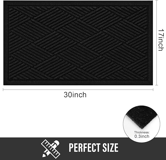 HIYARD Durable Front Door Mat, Absorbent Muddy Dirt Resist Welcome Door Mats Outdoor Indoor, Stain and Fade Resistant, Non-Slip Rubber Backing Low Profile Doormat for Entryway, 30×17, Black