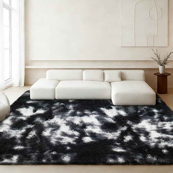 Mtandyx 5x7 Plush Fluffy Area Rugs, Large Soft Carpet, Upgraded Non-Slip Rectangular Rug for Living Room, Bedroom, Kids Room, Dorm, Modern Home Decor Aesthetic,Black White Grey.