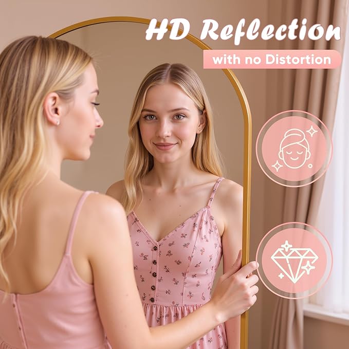 Full Length Mirror, 64" x 21" Arched Full Body Mirror Large Standing Floor Mirrors, Mirrors for Bedroom, Bathroom, Living Room Standing or Wall Leaning, Gold