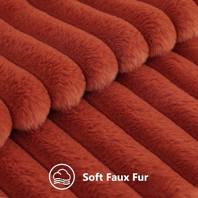 decorUhome Faux Fur Spring Throw Pillow Covers 26x26 Set of 2, Decorative Soft Plush Striped Neutral Couch Euro Sham Pillow Covers with Velvet Back for Sofa, Bed, Living Room Home, Rust