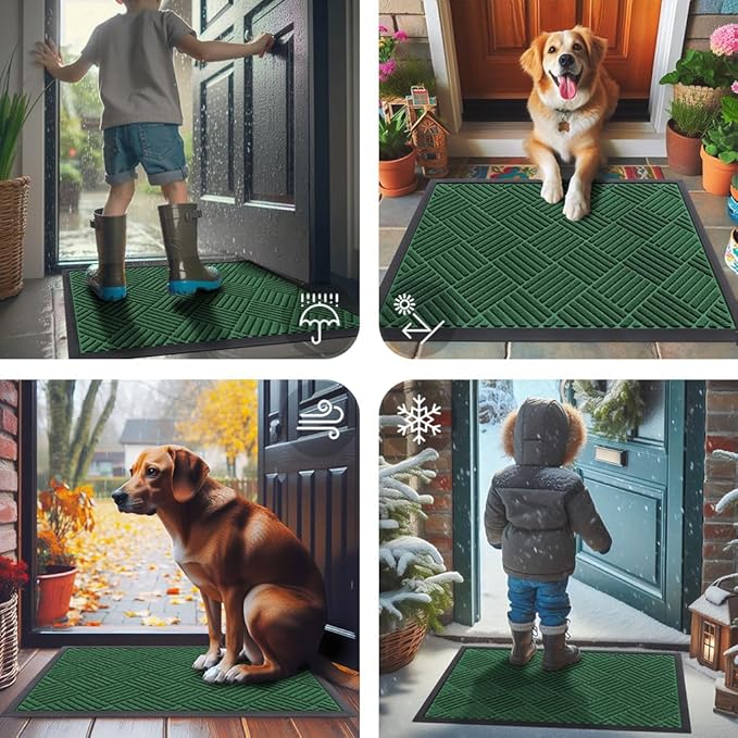 Smiry Front Door Mat Outside Entrance, Heavy Duty Outdoor Indoor Natural Rubber Doormat, Non Slip, Trap Dirt and Moisture, Easy Clean, Low Profile Patio Porch Entryway Mat, 59x23, Green