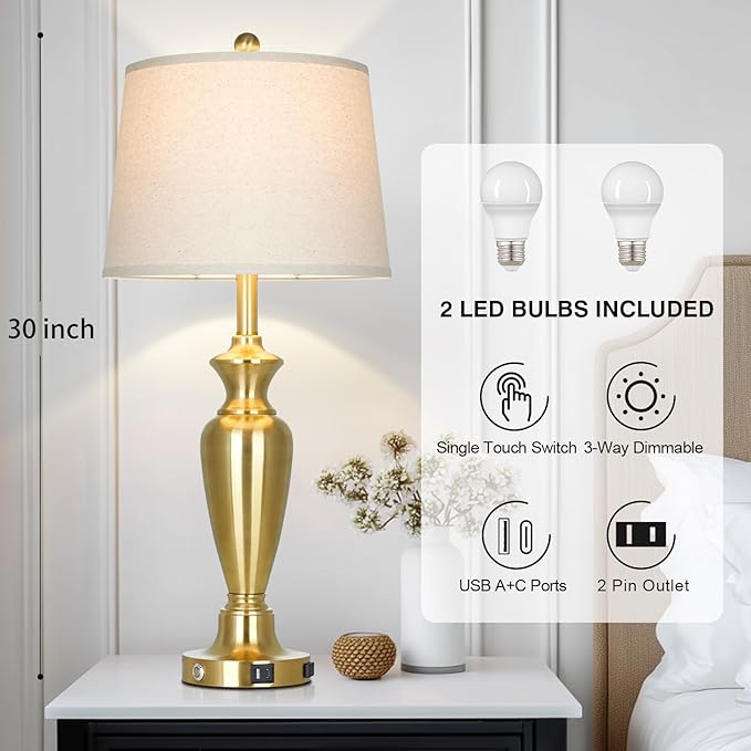 Gold Table Lamp for Living Room Single, 30″ Tall Touch Control Bedside Lamp for Nightstand, 3-Way Dimmable Bedroom Lamp with USB A+C Ports and AC Outlet (1 Pack)