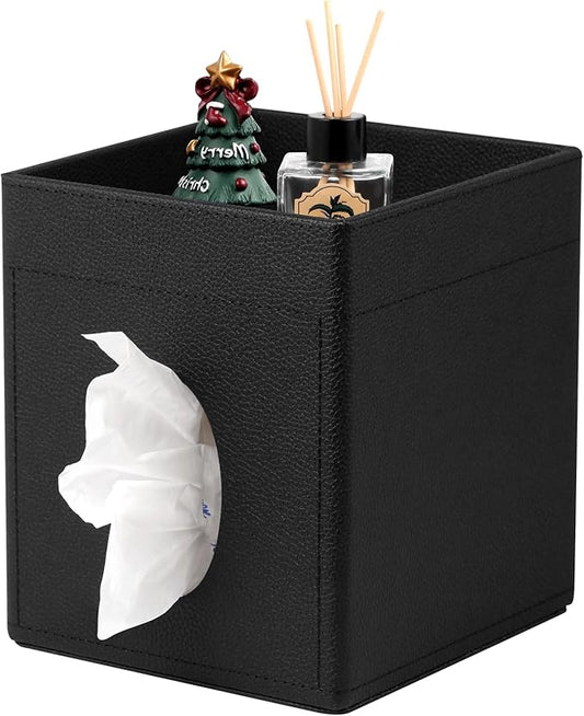 Tissue Box Cover, PU Leather Square Tissue Box Holder with Upper Storage Tray for Bathroom/Countertop/Nightstand/Office Table - Black