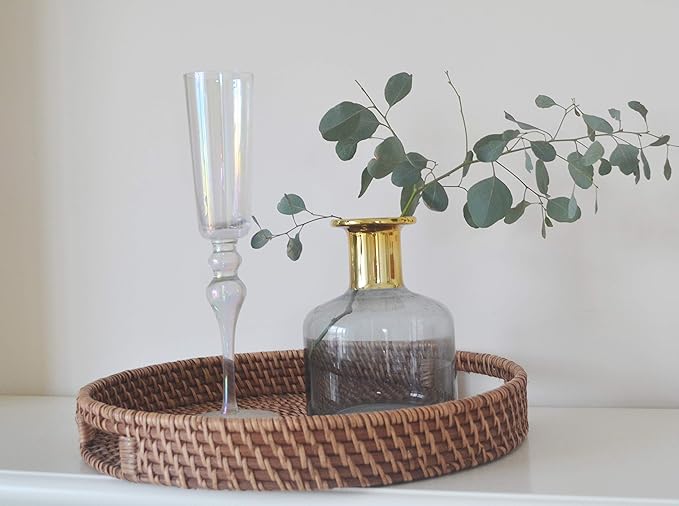 Round Rattan Woven Serving Tray with Handles Ottoman Tray for Breakfast, Drinks, Snack for Coffee Table, Home Decorative (16.9 inch, Honey Brown)