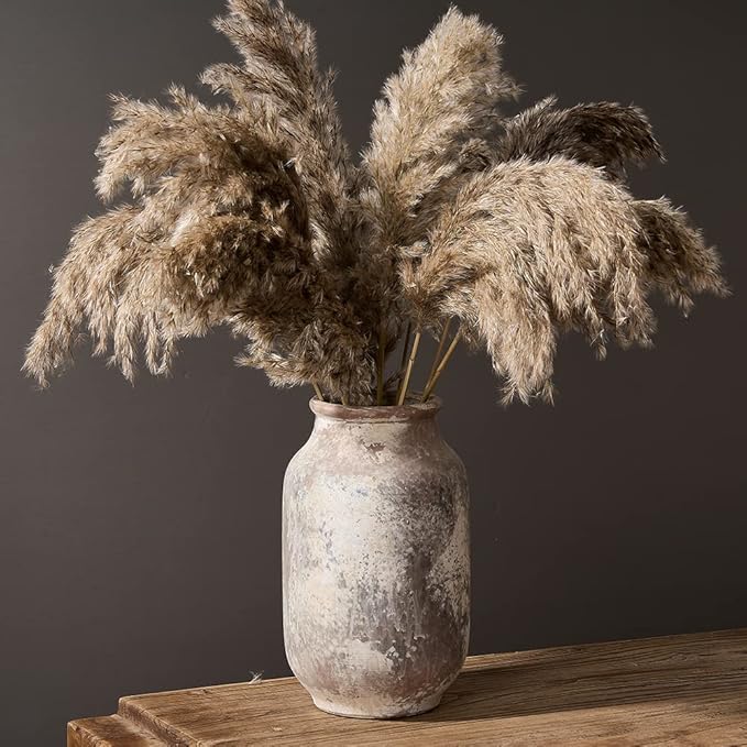 SIDUCAL Rustic Ceramic Farmhouse Flower Large Vase, Whitewashed Terra Cotta Vase, Pottery Decorative Flower for Home Decor, Table, Living Room Decoration, Shelf Decor, Mantel, 9.5 Inch, Terra