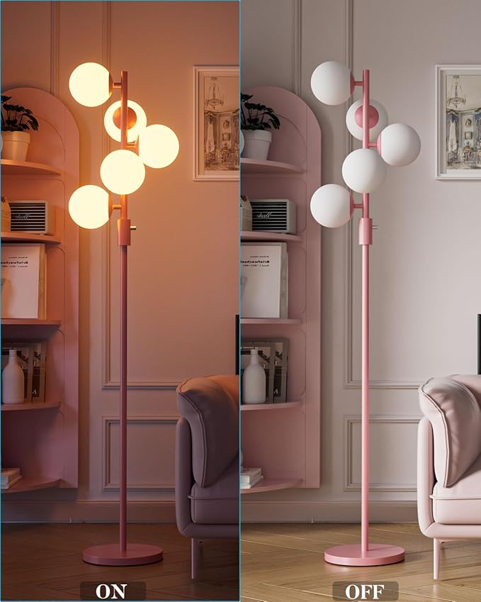 Lightdot Dimmable (Brightness Adjustable) Globe Floor Lamp, Retro Pink Pole Standing Lamps with 5PCS 3000K G9 Bulbs, Mid Century Modern Floor Lamp for Living Room Bedroom Home Office