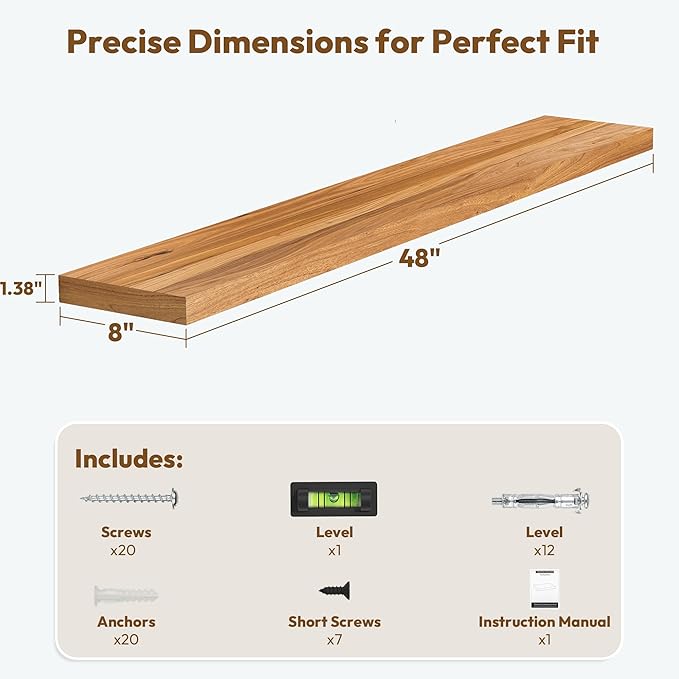 Vivelove Elm Wood Floating Shelves, Wooden Shelves for Wall with Invisible Bracket for Living Room Bedroom Bathroom Office Book, Rustic Farmhouse Decor Storage & Display, 48 Inch Set of 1- Natural