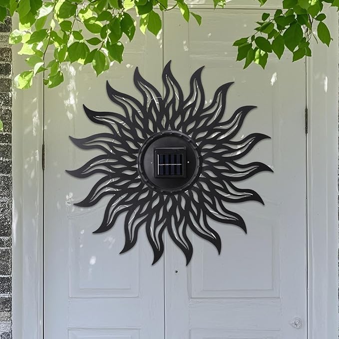VCUTEKA 20" Sun Metal Wall Art Outdoor Decor Solar Decoration Metal Wall Sculpture Hanging Garden for Indoor Outdoor Patio Fence Decoration Black