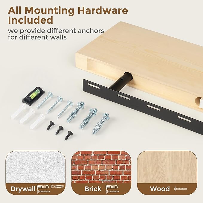 Marsmiles 36 Inch Floating Shelves | Unfinished Natural Wood Floating Shelves Set of 2 | 36" W x 7.7" D x 1.6" H Natural Wooden Wall Shelves for Living Room Bathroom Kitchen