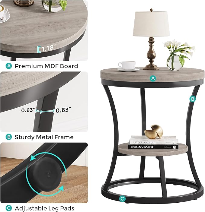 Round End Table, 2 Tier Industrial Side Table, Accent Bedside Table Nightstand with Metal Frame for Living Room, Bedroom, Small Spaces, Easy Assembly, Grey Brown & Black