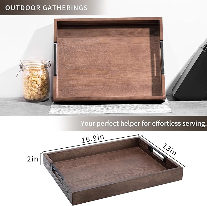 Large Rectangular Ottoman Tray for Living Room,Solid Wood Brown Coffee Table Trays 17x13 Inch Decorative Storage Acacia Wood Serving Tray with Handles for Breakfast in Bed, Dinner Food Kitchen-Natural