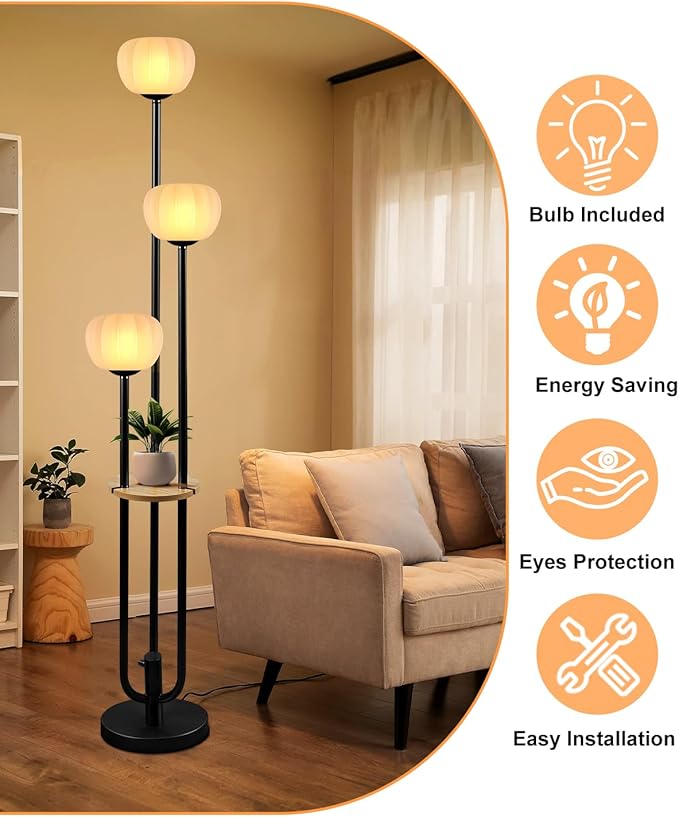 ACOHOOK Black Floor Lamp Dimmable Modern Floor Lamps with Pumpkin Lampshade & Table, 3000K Soft Warm White Bulbs Included, 3-Light Tall Standing Lamp for Living Room/Bedroom