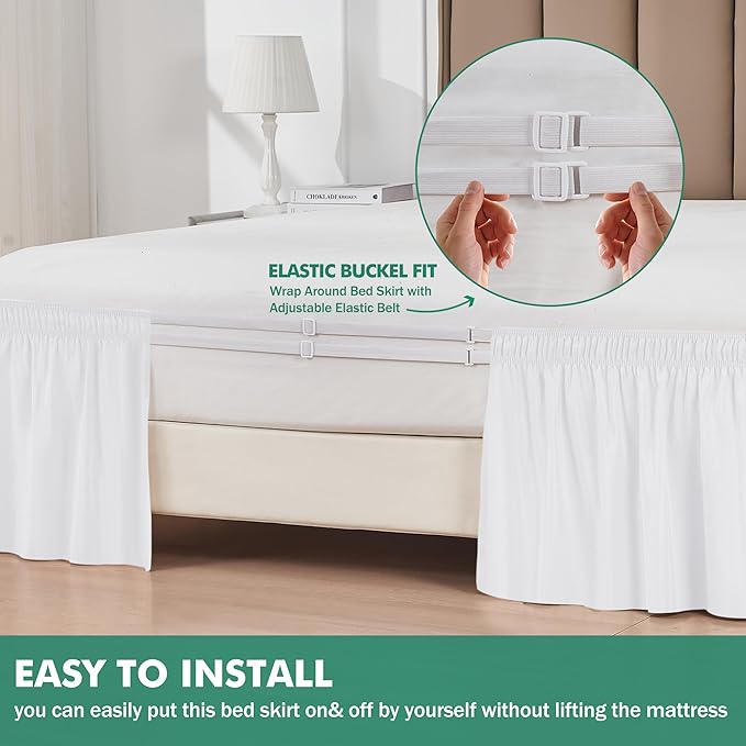 Biscaynebay Wrap Around Bed Skirts with Split Corners for Full Beds 16" Drop, White Elastic Dust Ruffles Adjustable Easy Fit Wrinkle & Fade Resistant Silky Luxurious Fabric Machine Washable