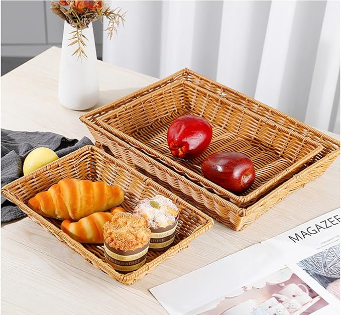Poly Wicker Bread Basket, Hand Woven Food Storage Room Organizer, Fruits, Vegetables and Snacks Tabletop Food Serving Basket, Restaurant, Hotel Service, Brown (16“2pack)
