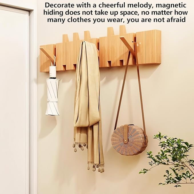 Wall Mounted Coat RackHooks Piano Key Hangers Natural Solid Wood Hanger Non-Woven Fabric Clothes Hangers for Closet, Kitchen, Bedroom, Bathroom, Entryway (Beech, 8 Hooks)
