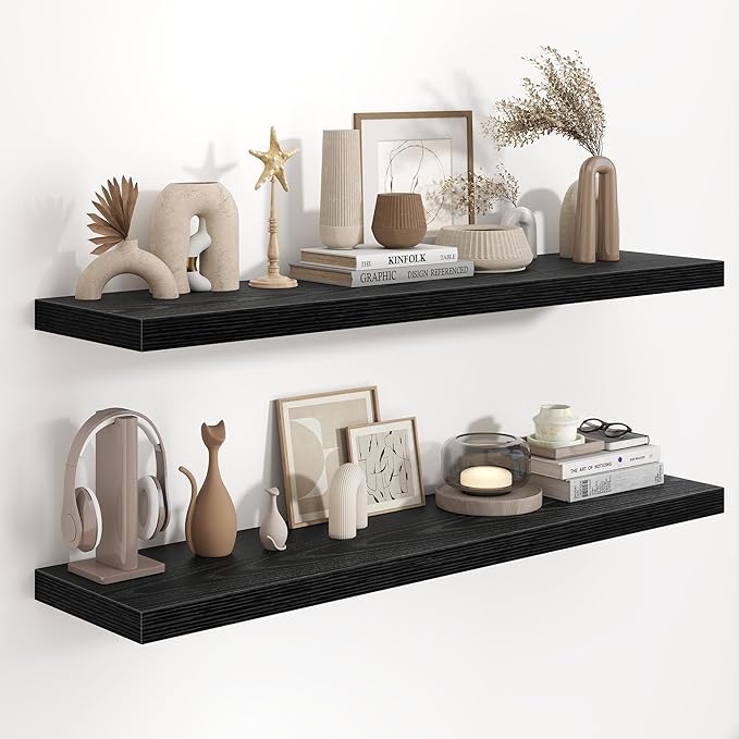 Fun Memories 48 Inch Floating Shelves in Black, 9.3 Inch Deep Floating Shelf for Bathroom Living Room Kitchen, Rusitc Wall Mounted Bathroom Shelves 1 Pack, Heavy-Duty Deep Shelf for Books Decor