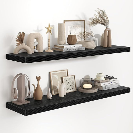 Fun Memories 48 Inch Floating Shelves in Black, 9.3 Inch Deep Floating Shelf for Bathroom Living Room Kitchen, Rusitc Wall Mounted Bathroom Shelves 1 Pack, Heavy-Duty Deep Shelf for Books Decor
