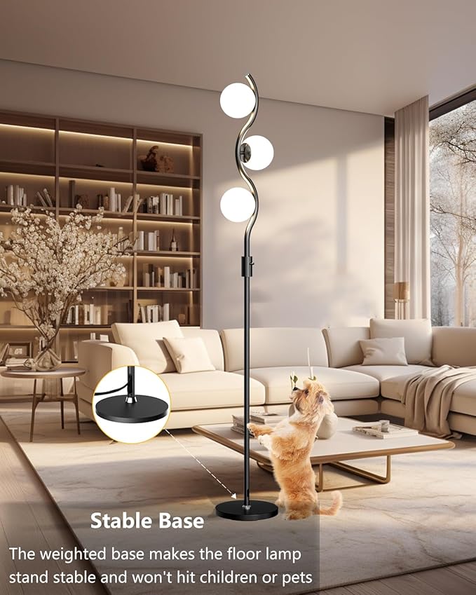 ACOHOOK Dimmable Globe Floor Lamp Black Standing Lamps with 3 Soft Warm White 3000K Bulbs, Mid Century Modern Floor Lamp for Living Room Bedroom Home Decor