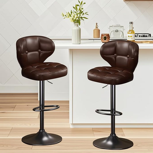 Bar Stools Set of 2, Adjustable Swivel Bar Chairs with 360° Rotation, Padded Counter Stools with Back and Footrest for Kitchen Island, Bistro, Cafe, and Home Use Brown-2pcs
